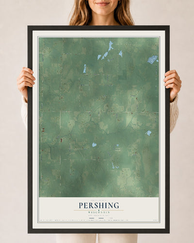 Map of Pershing, Wisconsin, 24 x 36 inch print in a black wood frame