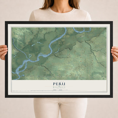 Map of Peru, Wisconsin, 18 x 24 inch print in a black wood frame