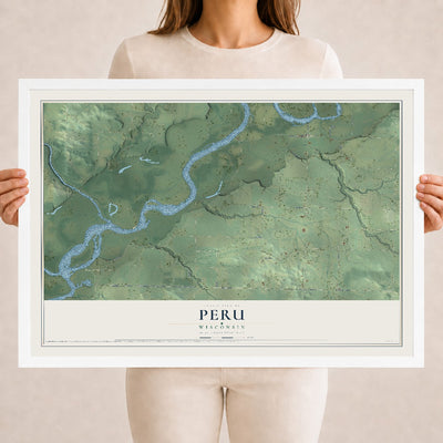 Map of Peru, Wisconsin, 18 x 24 inch print in a white wood frame