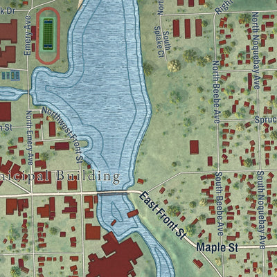 Close-up of the map of Peshtigo, Wisconsin print showing street and building detail