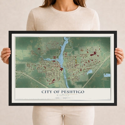 Map of Peshtigo, Wisconsin, 12 x 18 inch print in a black wood frame