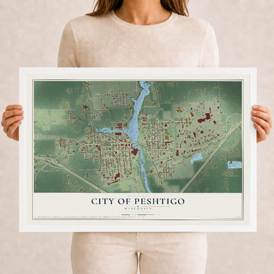 Map of Peshtigo, Wisconsin, 12 x 18 inch print in a white wood frame