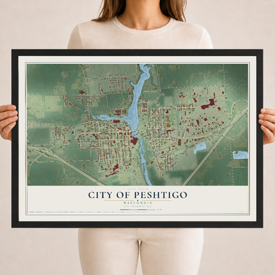 Map of Peshtigo, Wisconsin, 18 x 24 inch print in a black wood frame