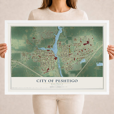 Map of Peshtigo, Wisconsin, 18 x 24 inch print in a white wood frame