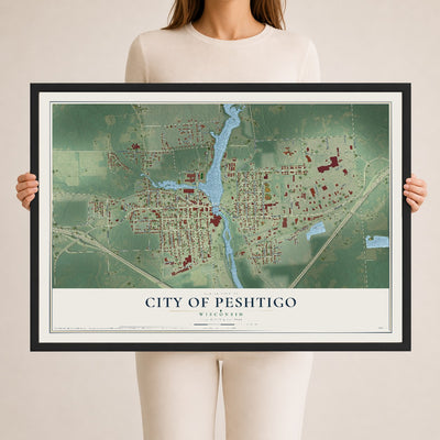 Map of Peshtigo, Wisconsin, 24 x 36 inch print in a black wood frame