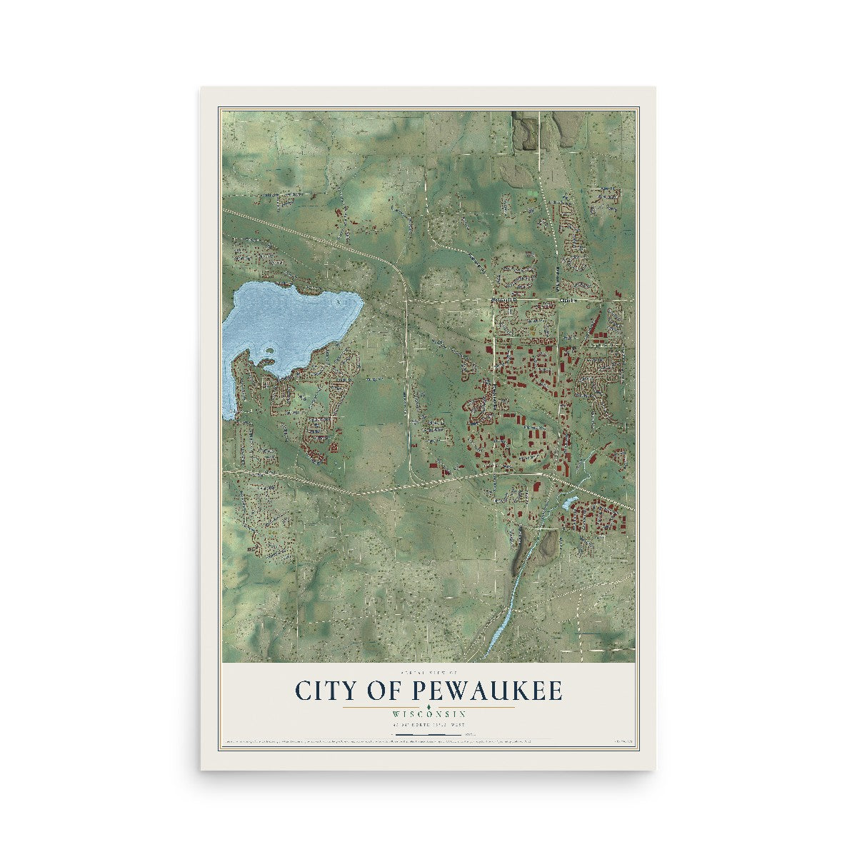 Map of Pewaukee, Wisconsin, 12 x 18 inch unframed archival matte print
