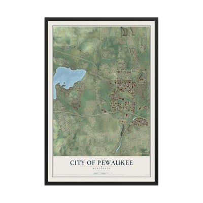 Map of Pewaukee, Wisconsin, 12 x 18 inch print in a black wood frame