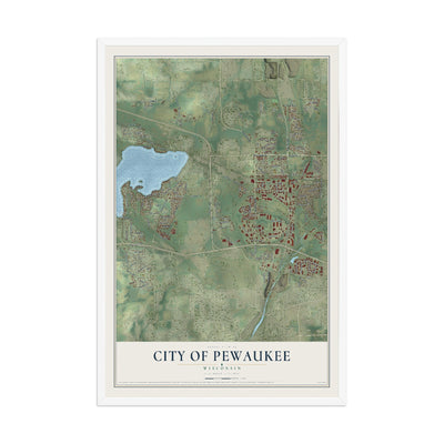 Map of Pewaukee, Wisconsin, 12 x 18 inch print in a white wood frame