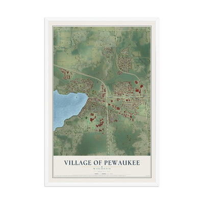 Map of the Village of Pewaukee, Wisconsin, 12 x 18 inch print in a white wood frame