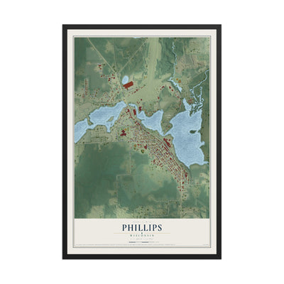 Map of Phillips, Wisconsin, 12 x 18 inch print in a black wood frame