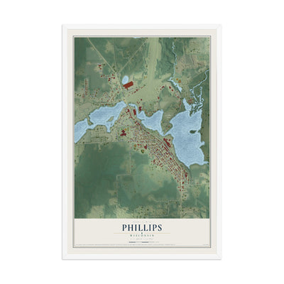 Map of Phillips, Wisconsin, 12 x 18 inch print in a white wood frame