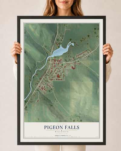 Map of Pigeon Falls, Wisconsin, 24 x 36 inch print in a black wood frame