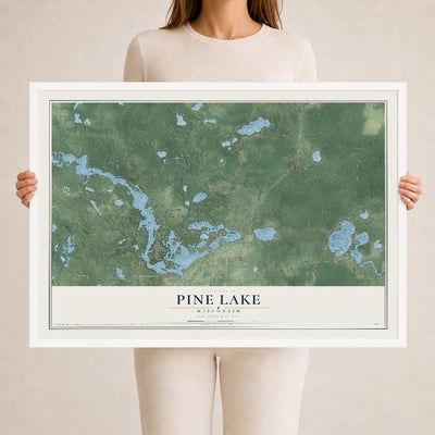 Map of Pine Lake, Wisconsin, 24 x 36 inch print in a white wood frame