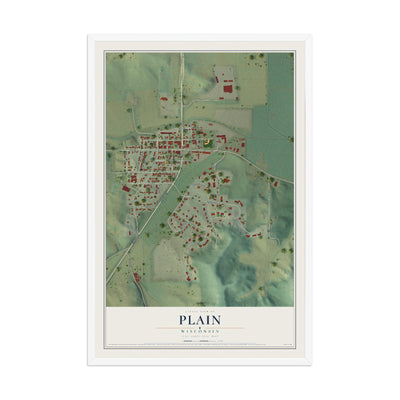 Map of Plain, Wisconsin, 12 x 18 inch print in a white wood frame
