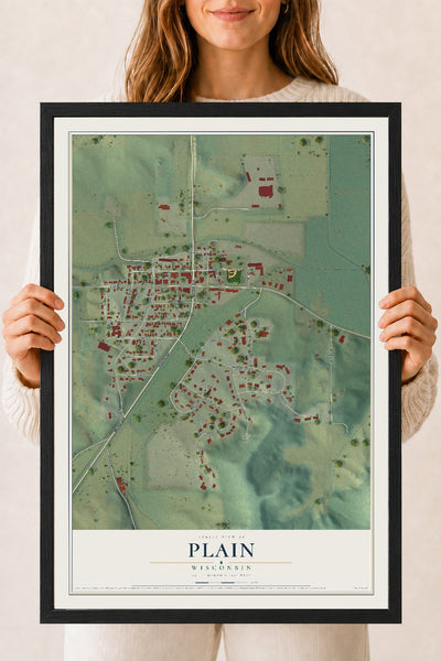 Map of Plain, Wisconsin, 18 x 24 inch print in a black wood frame