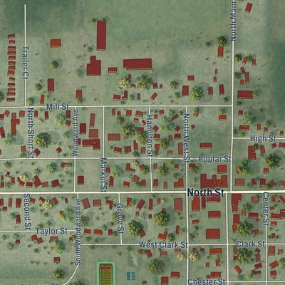 Close-up of the map of Plainfield, Wisconsin print showing street and building detail