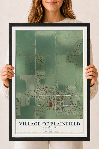 Map of Plainfield, Wisconsin, 18 x 24 inch print in a black wood frame