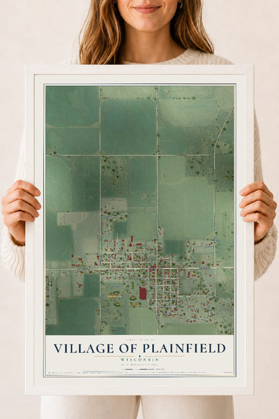 Map of Plainfield, Wisconsin, 18 x 24 inch print in a white wood frame