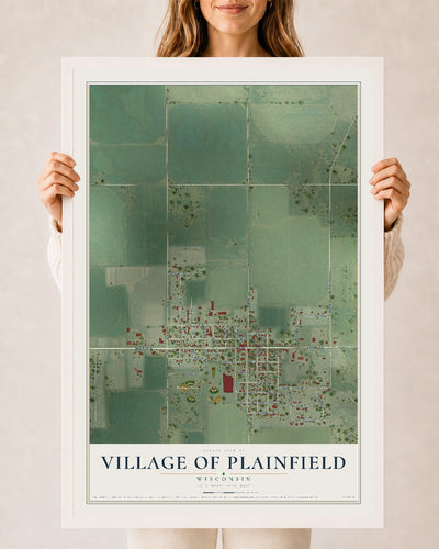 Map of Plainfield, Wisconsin, 24 x 36 inch print in a white wood frame