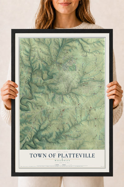Map of the Town of Platteville, Wisconsin, 18 x 24 inch print in a black wood frame