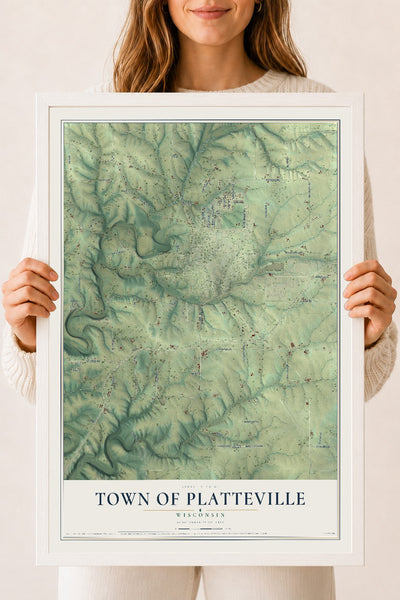 Map of the Town of Platteville, Wisconsin, 18 x 24 inch print in a white wood frame