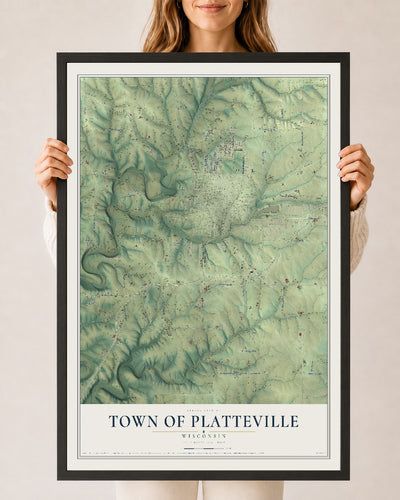 Map of the Town of Platteville, Wisconsin, 24 x 36 inch print in a black wood frame