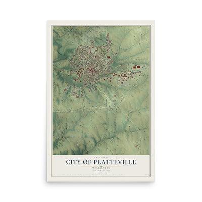 Map of Platteville, Wisconsin, 12 x 18 inch unframed archival matte print