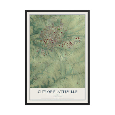 Map of Platteville, Wisconsin, 12 x 18 inch print in a black wood frame