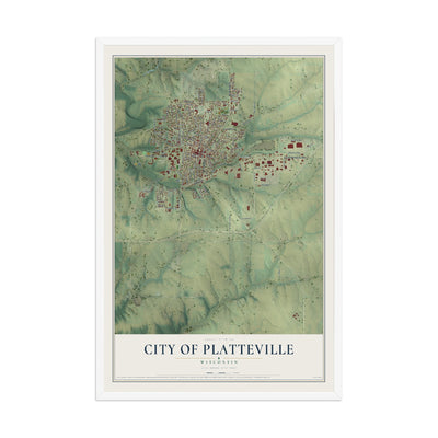 Map of Platteville, Wisconsin, 12 x 18 inch print in a white wood frame