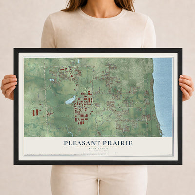 Map of Pleasant Prairie, Wisconsin, 12 x 18 inch print in a black wood frame