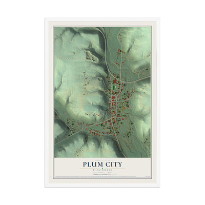 Map of Plum City, Wisconsin, 12 x 18 inch print in a white wood frame