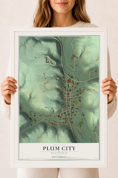 Map of Plum City, Wisconsin, 18 x 24 inch print in a white wood frame