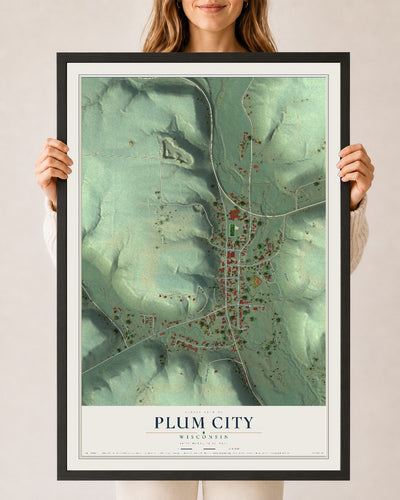 Map of Plum City, Wisconsin, 24 x 36 inch print in a black wood frame