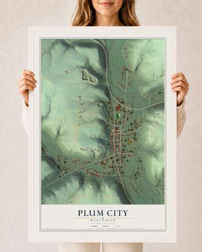 Map of Plum City, Wisconsin, 24 x 36 inch print in a white wood frame