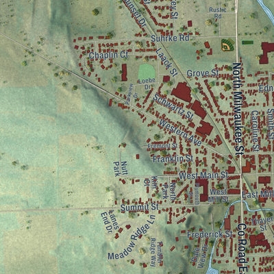 Second close-up of the map of Plymouth, Wisconsin print showing more streets and buildings