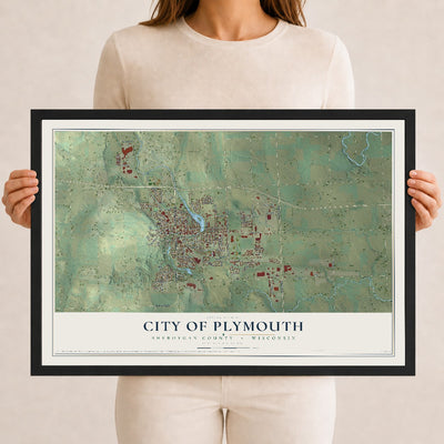 Map of Plymouth, Wisconsin, 12 x 18 inch print in a black wood frame