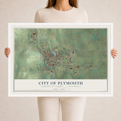 Map of Plymouth, Wisconsin, 24 x 36 inch print in a white wood frame