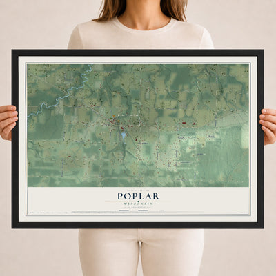 Map of Poplar, Wisconsin, 18 x 24 inch print in a black wood frame
