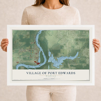 Map of Port Edwards, Wisconsin, 12 x 18 inch print in a white wood frame
