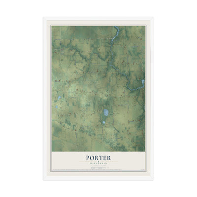 Map of Porter, Wisconsin, 12 x 18 inch print in a white wood frame
