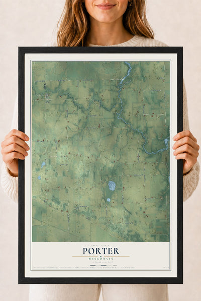 Map of Porter, Wisconsin, 18 x 24 inch print in a black wood frame
