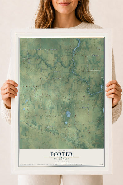 Map of Porter, Wisconsin, 18 x 24 inch print in a white wood frame