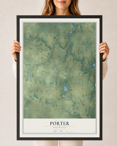 Map of Porter, Wisconsin, 24 x 36 inch print in a black wood frame