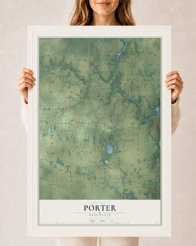 Map of Porter, Wisconsin, 24 x 36 inch print in a white wood frame