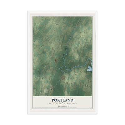 Map of Portland, Dodge County, Wisconsin, 12 x 18 inch print in a white wood frame