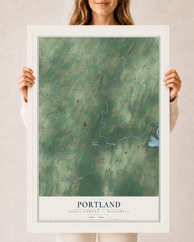 Map of Portland, Dodge County, Wisconsin, 24 x 36 inch print in a white wood frame