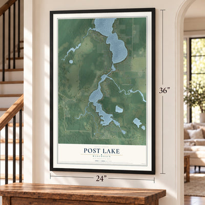 Post Lake, Wisconsin map, 24 x 36 inch print in a black frame by a staircase