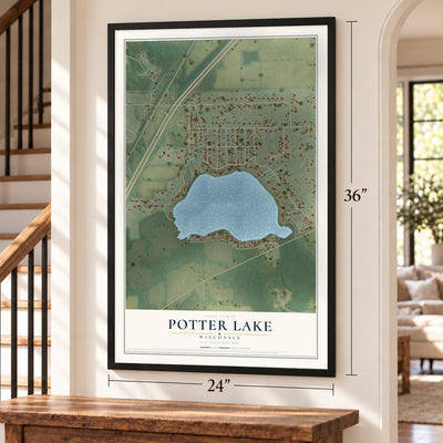 Potter Lake, Wisconsin map, 24 x 36 inch print in a black frame by a staircase