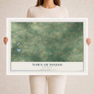 Map of the Town of Pound, Wisconsin, 24 x 36 inch print in a white wood frame