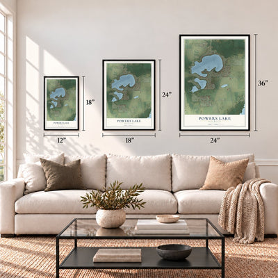 Powers Lake, Wisconsin map in 12 x 18, 18 x 24 and 24 x 36 inch sizes above a sofa
